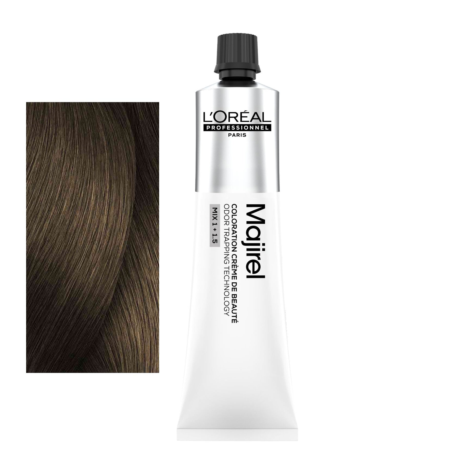 Coloração Majirel tom 7.18: amostra da cor junto ao tubo de 60 ml