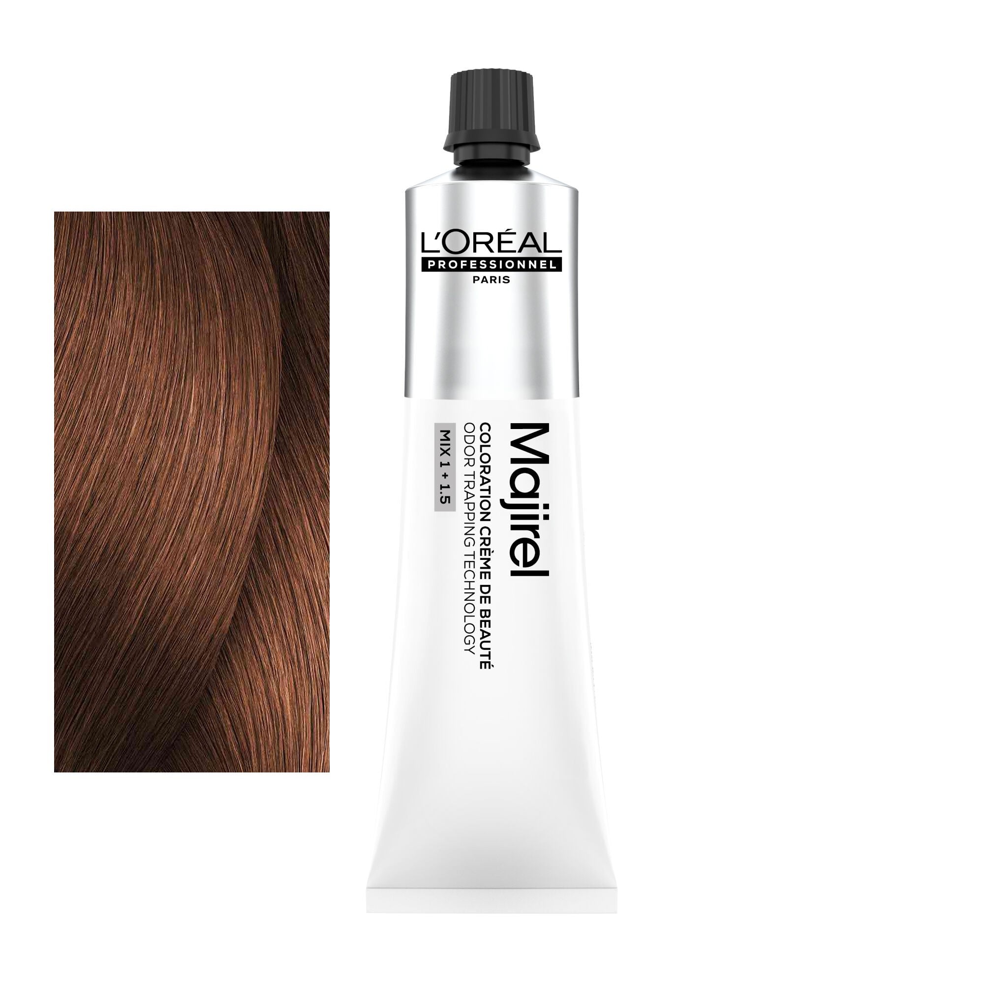 Coloração Majirel tom 7.35: amostra da cor junto ao tubo de 60 ml
