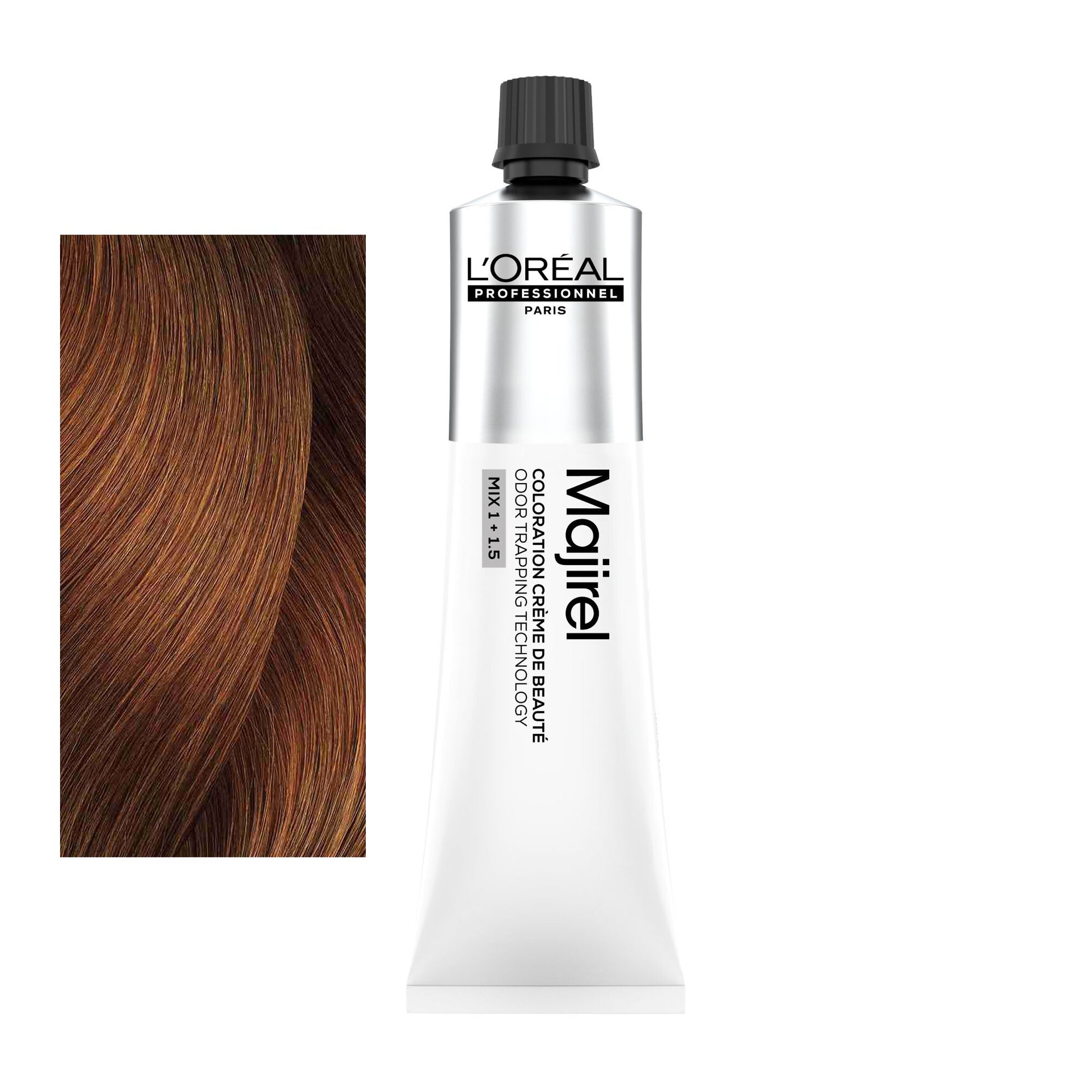 Coloração Majirel tom 7.4: amostra da cor junto ao tubo de 60 ml
