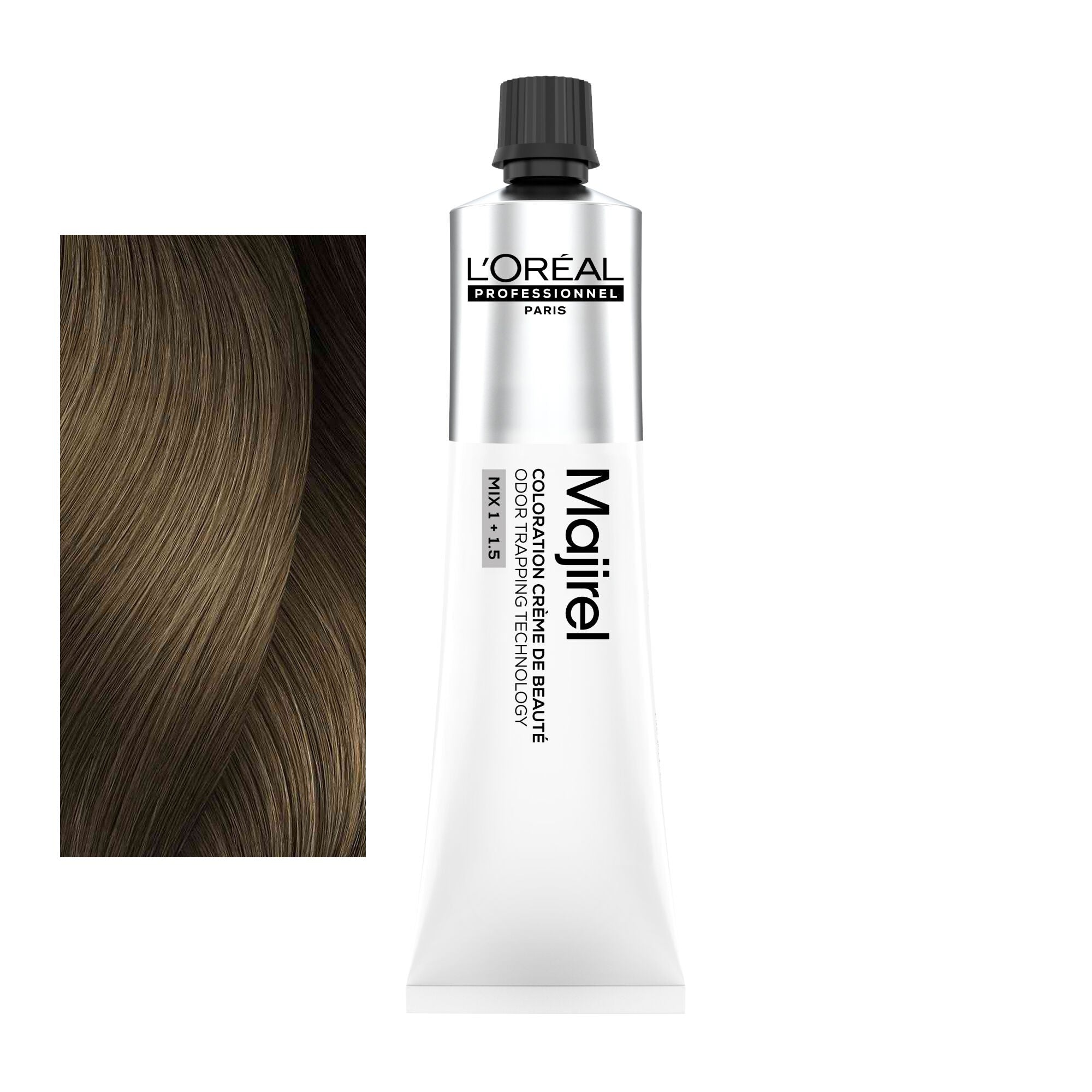 Coloração Majirel tom 8.0: amostra da cor junto ao tubo de 60 ml