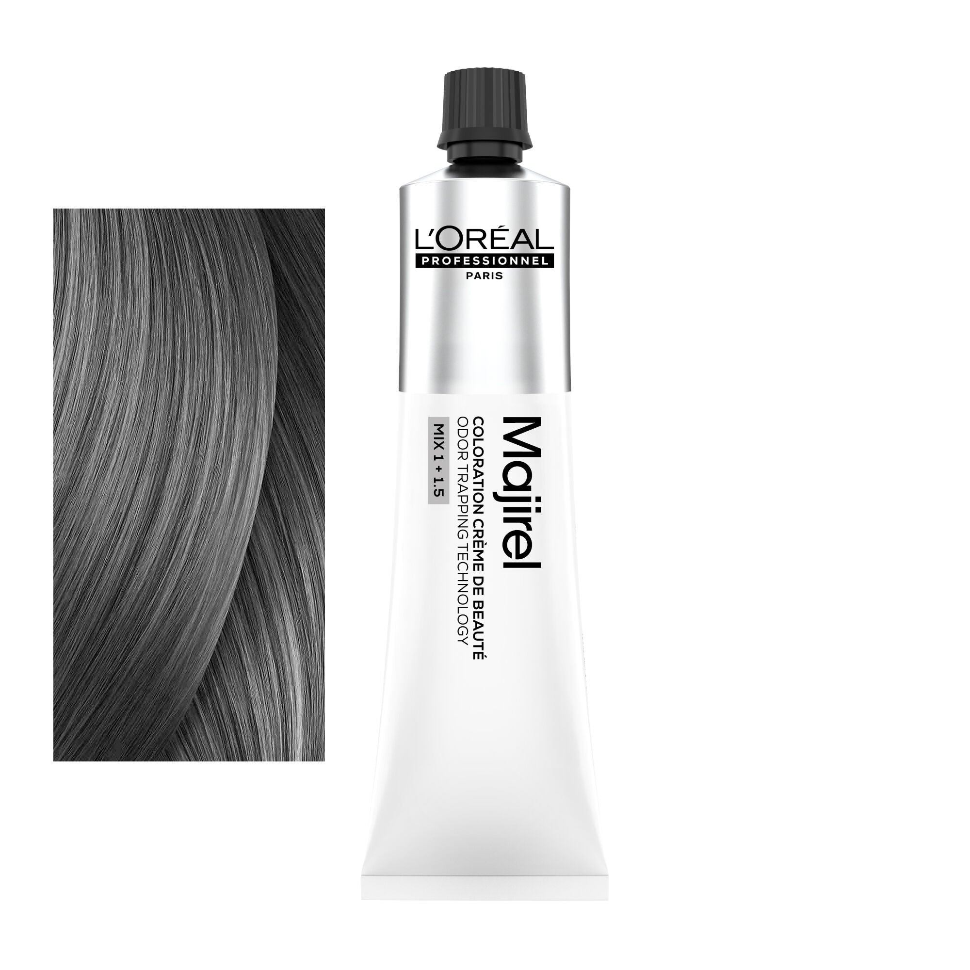 Coloração Majirel tom 8.11: amostra da cor junto ao tubo de 60 ml