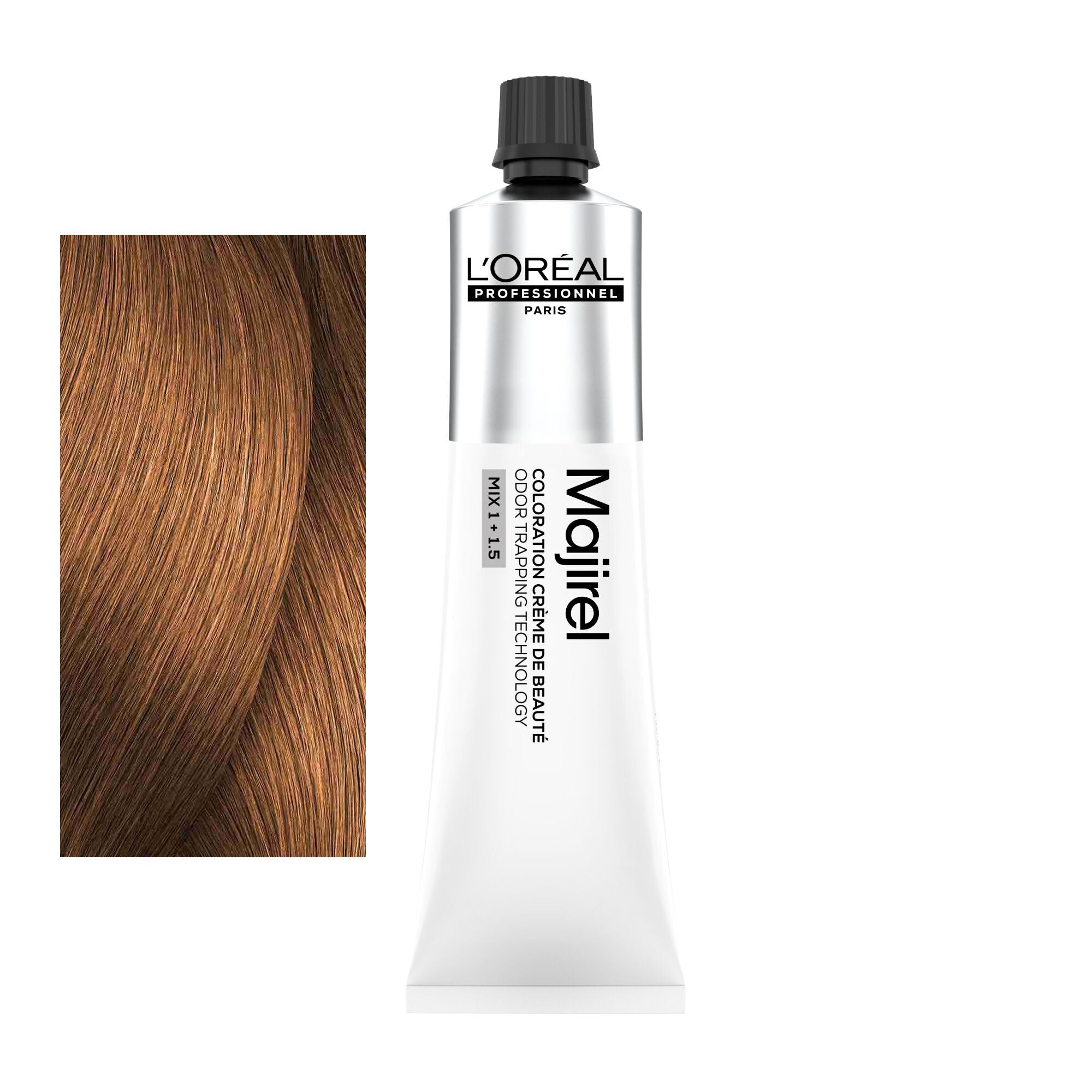 Coloração Majirel tom 8.34: amostra da cor junto ao tubo de 60 ml
