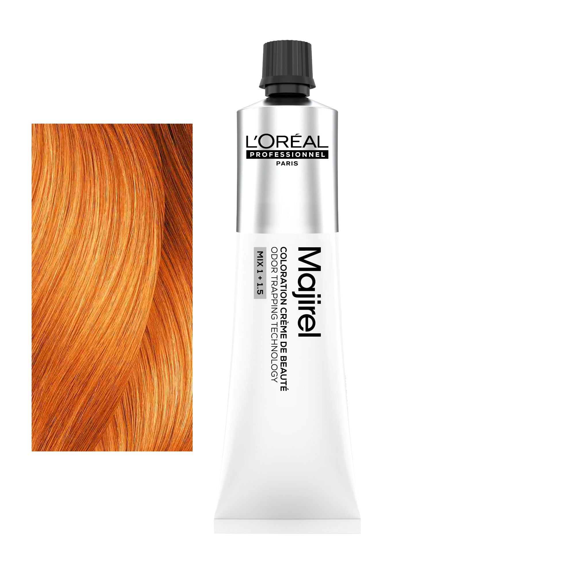 Coloração Majirel tom 8.43: amostra da cor junto ao tubo de 60 ml