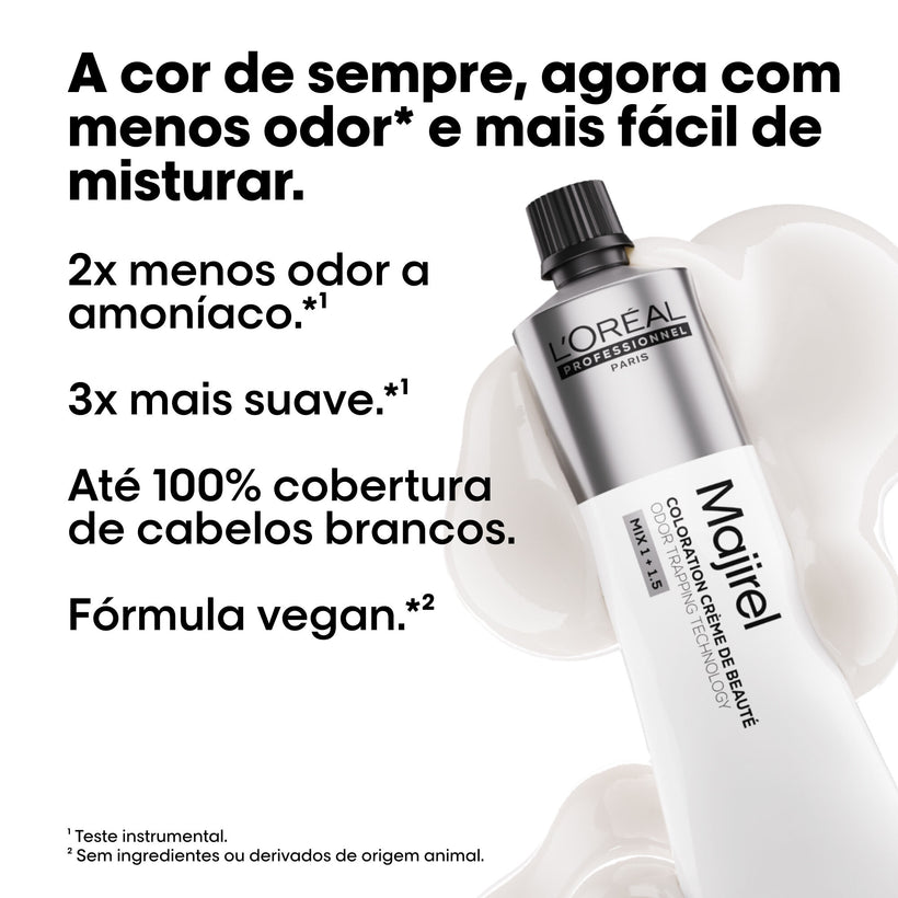 Benefícios do Majirel: 2x menos odor a amoníaco, 3x mais suave, até 100% de cobertura de brancos, fórmula vegan