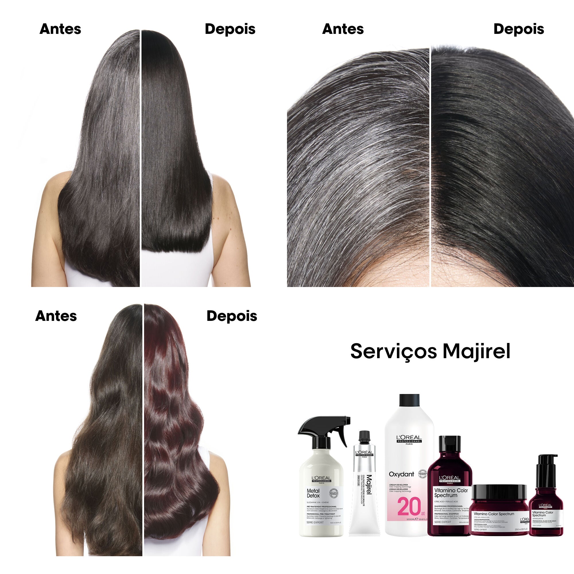 Três antes e depois do Majirel e os produtos do serviço de coloração