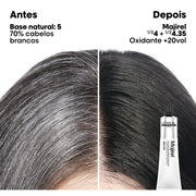 Antes e depois do Majirel em base natural 5 com 70% de cabelos brancos