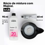 Rácio de mistura do Majirel: 60 ml de coloração para 90 ml de oxidante de 12,5, 20 ou 30 volumes