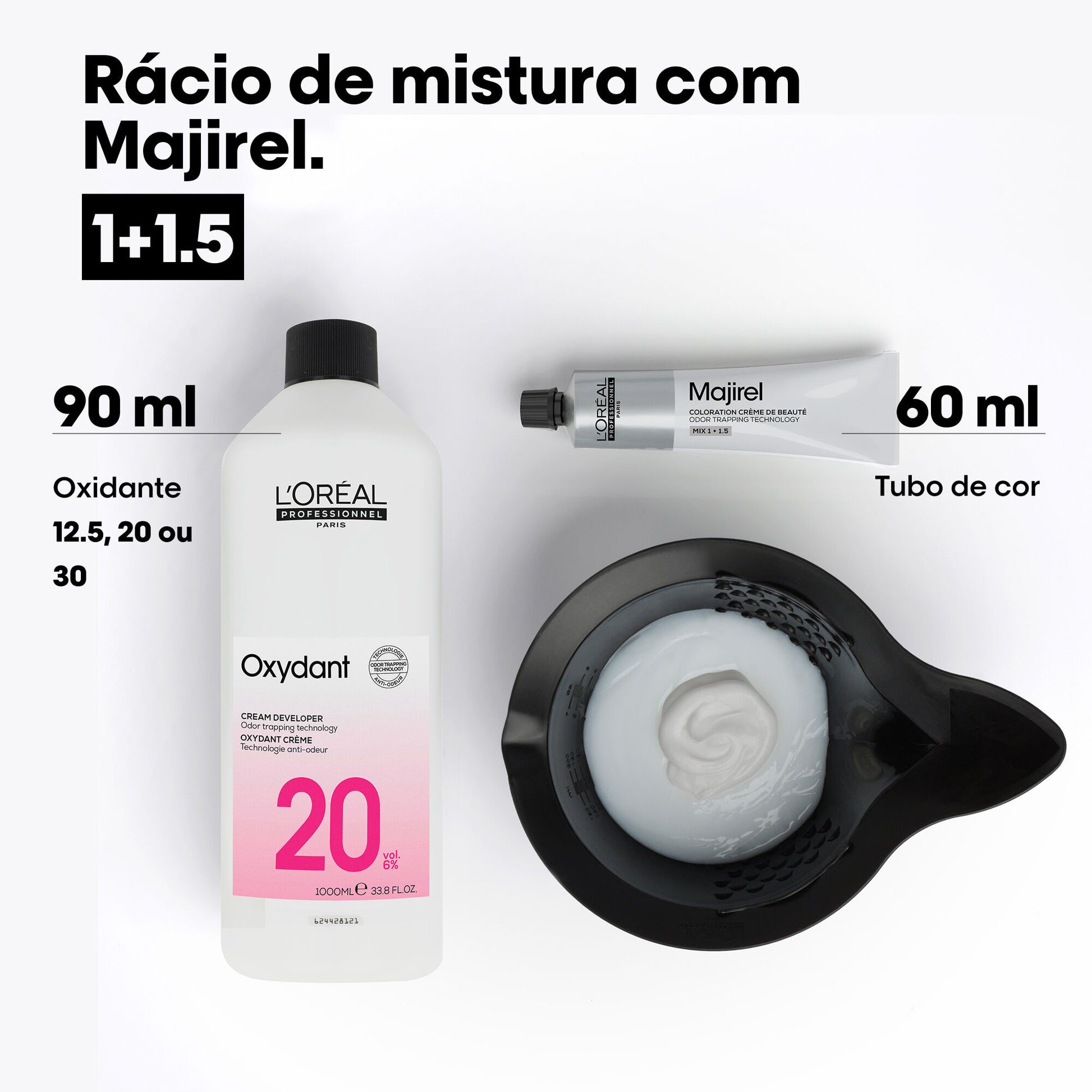 Rácio de mistura do Majirel: 60 ml de coloração para 90 ml de oxidante de 12,5, 20 ou 30 volumes