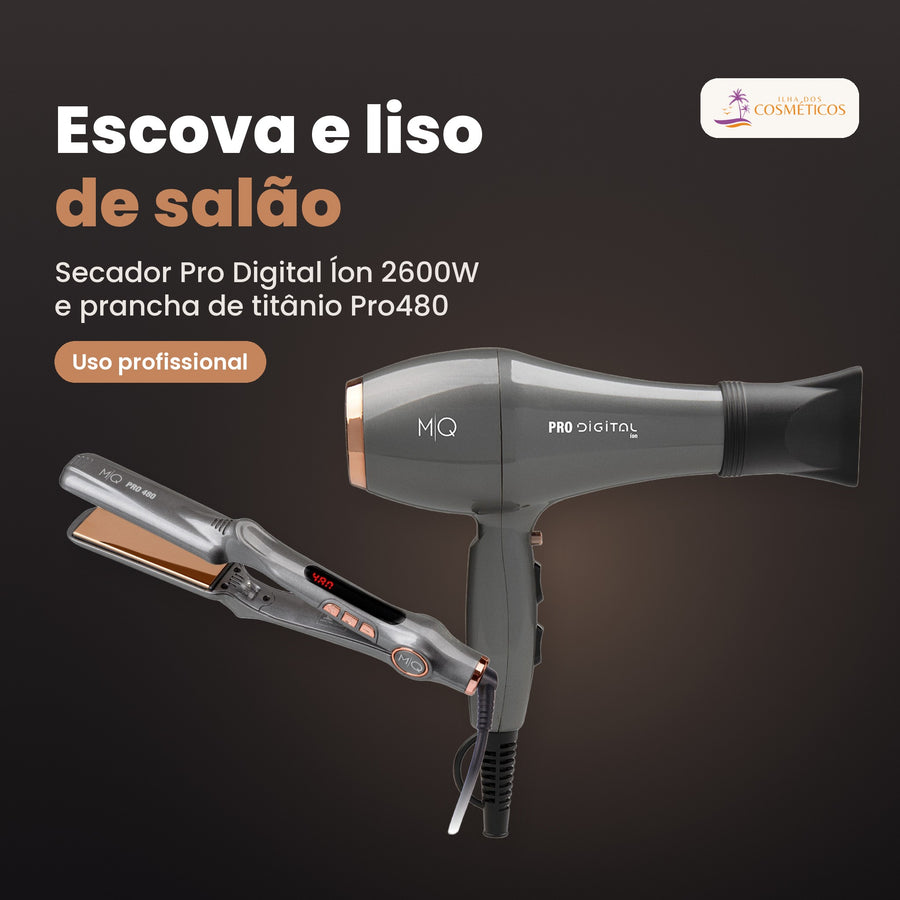 Pack MQ Professional com o secador Pro Digital Íon 2600W e a prancha de titânio Pro480, para uso profissional