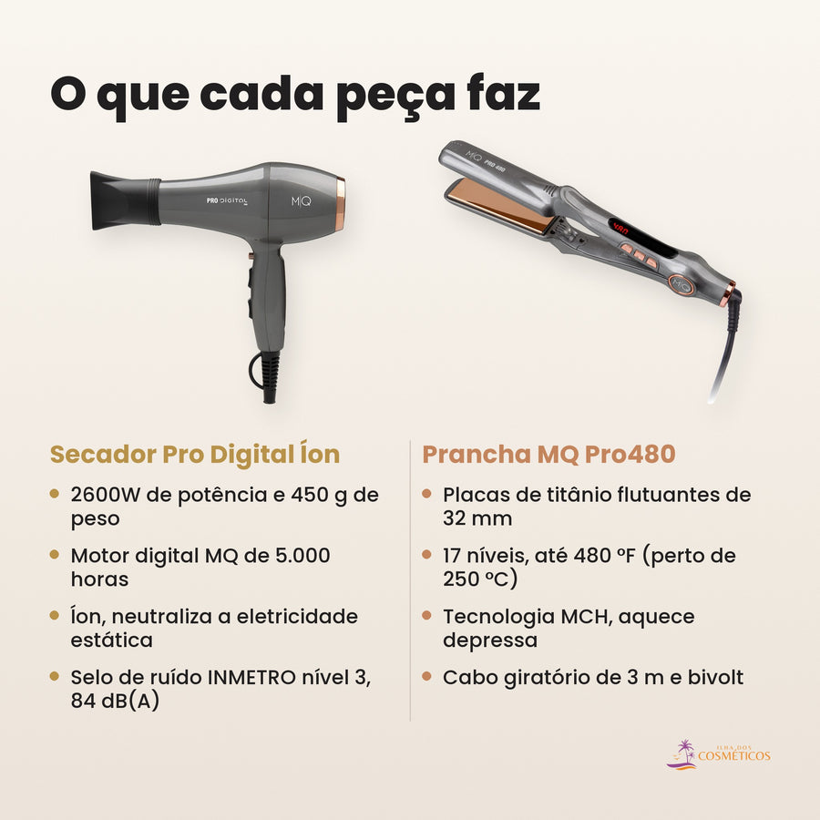 O que fazem o secador MQ Pro Digital Íon 2600W e a prancha de titânio MQ Pro480