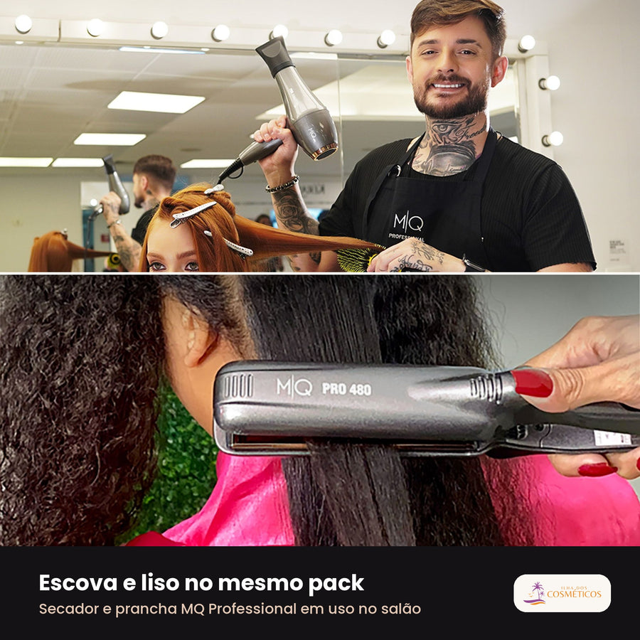Secador e prancha MQ Professional em uso no salão, num cabelo ruivo liso e num cabelo crespo