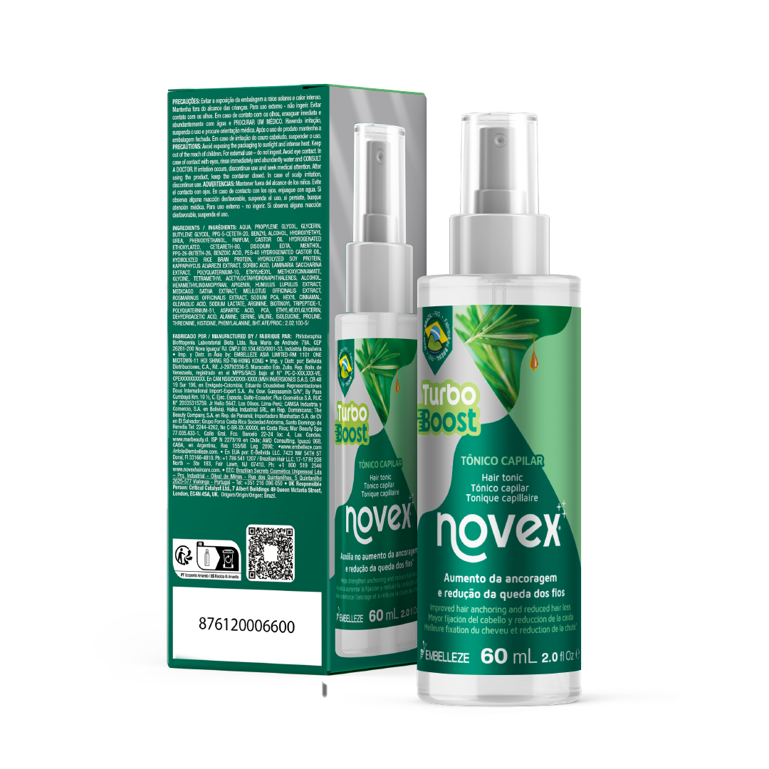 Novex Turbo Boost Tónico Capilar Antiqueda 60ml, rótulo com ingredientes