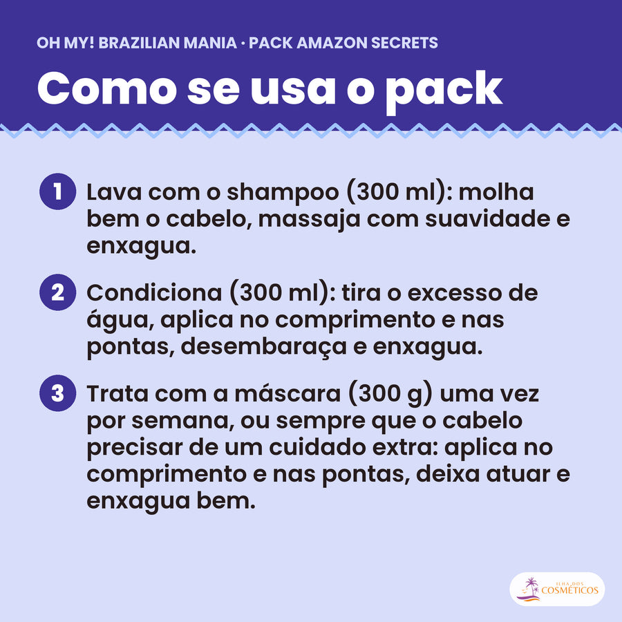 Como se usa o Pack Amazon Secrets: shampoo, condicionador e máscara