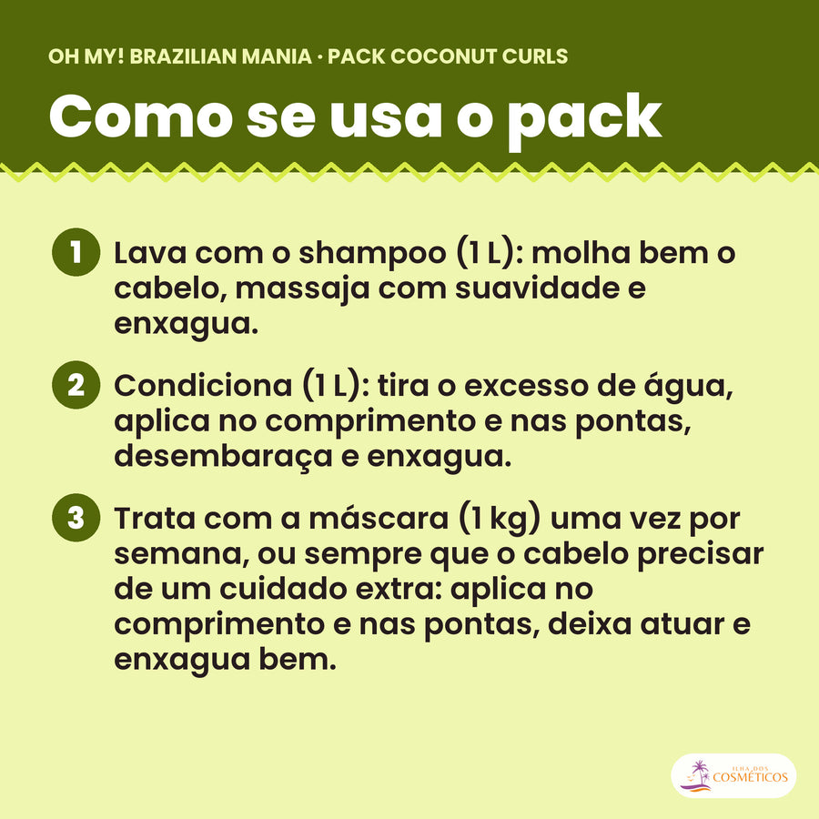Como se usa o Pack Coconut Curls: shampoo, condicionador e máscara