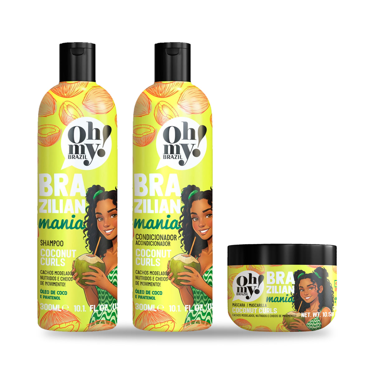 Pack Oh My! Brazilian Mania Coconut Curls: shampoo, condicionador e máscara de 300 ml e 300 g