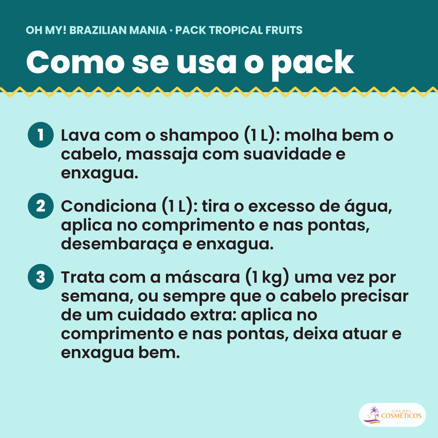 Como se usa o Pack Tropical Fruits: shampoo, condicionador e máscara