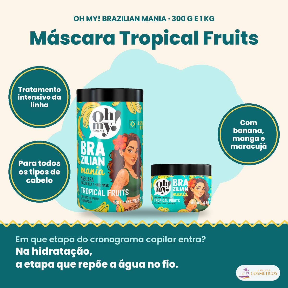 Oh My! Brazilian Mania Tropical Fruits Máscara, 300 g e 1 kg: para todos os tipos de cabelo, com banana, manga e maracujá, tratamento intensivo da linha