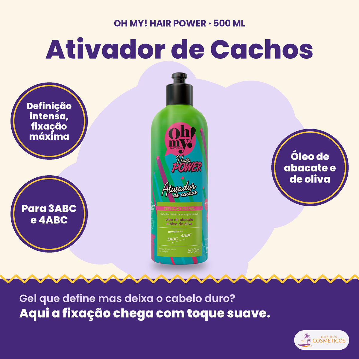 Ativador de Cachos Hair Power Oh My! 500 ml: definição intensa, fixação máxima, para 3ABC e 4ABC, óleo de abacate e de oliva