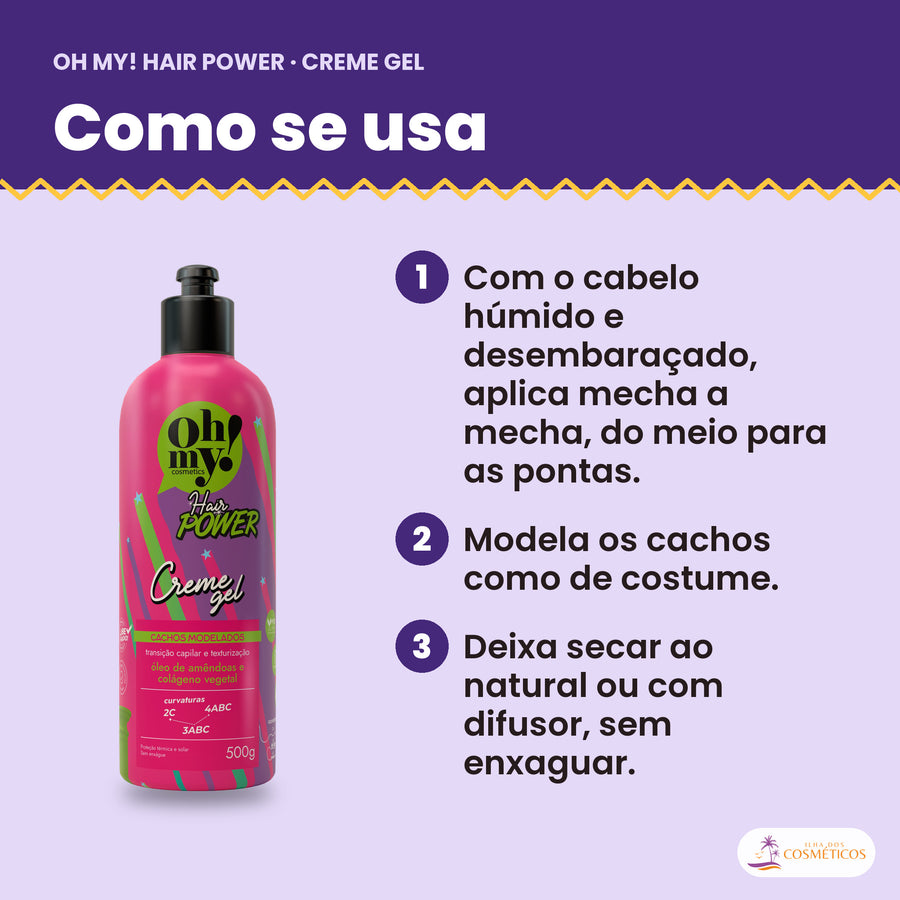 Como se usa o Creme Gel Hair Power Oh My!: aplicar do meio para as pontas, modelar e deixar secar, sem enxaguar