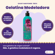 Gelatina Modeladora Hair Power Oh My! 500 g: modela e condiciona os cachos, do ondulado ao crespo, glicerina vegetal e aloé vera
