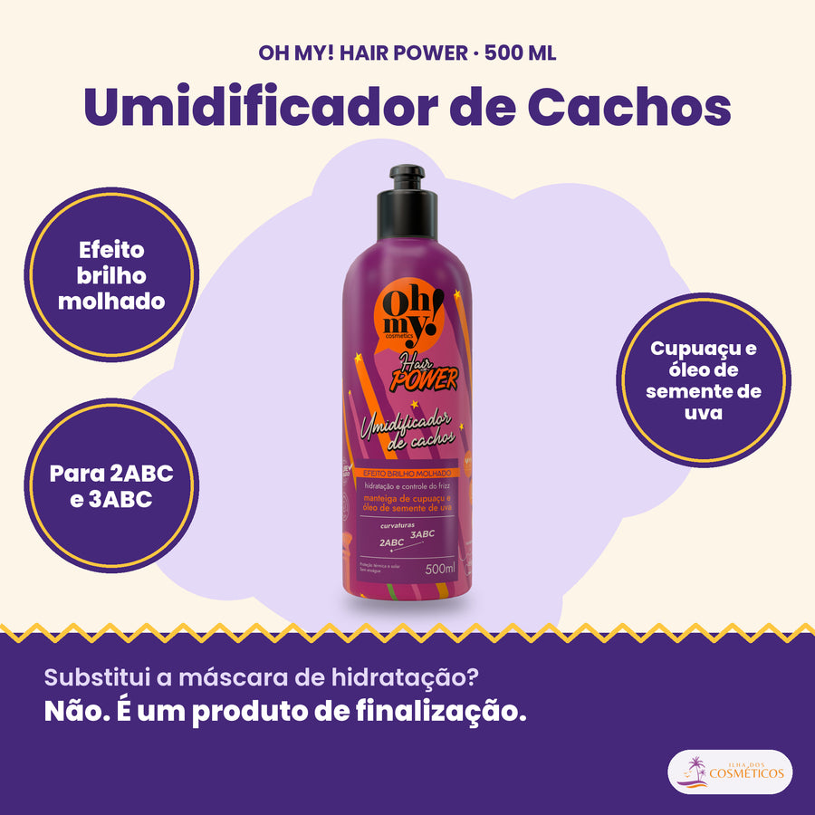Umidificador de Cachos Hair Power Oh My! 500 ml: efeito brilho molhado, para 2ABC e 3ABC, cupuaçu e óleo de semente de uva
