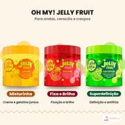 As três Oh My! Jelly Fruit lado a lado: Misturinha de caju, Fixa e Brilha de cereja e Superdefinição de uva verde