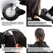 Os quatro passos da coloração Majirel: mistura 1+1,5, aplicação nos meios e pontas com 15 minutos, depois os crescimentos, 35 minutos de pose total