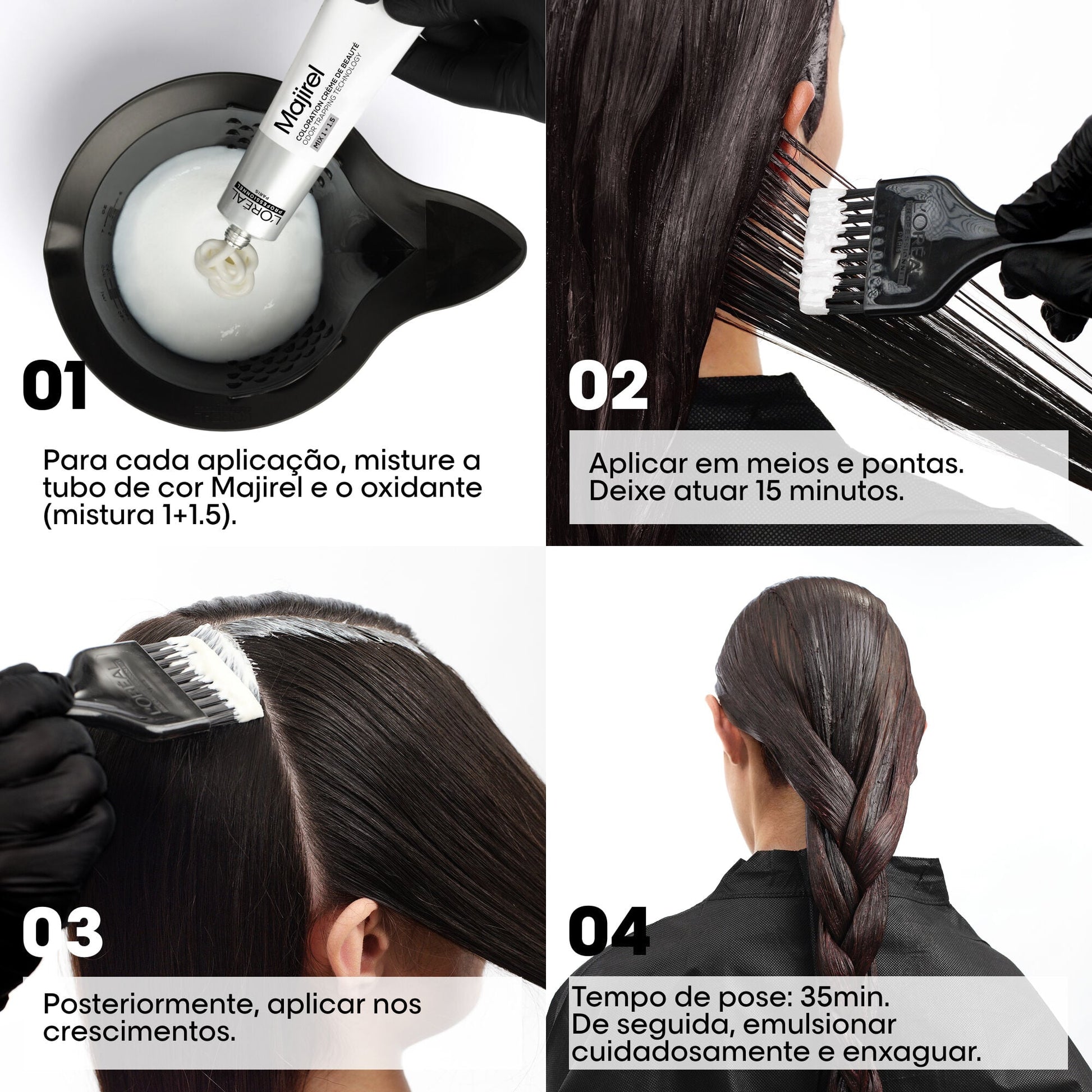 Os quatro passos da coloração Majirel: mistura 1+1,5, aplicação nos meios e pontas com 15 minutos, depois os crescimentos, 35 minutos de pose total