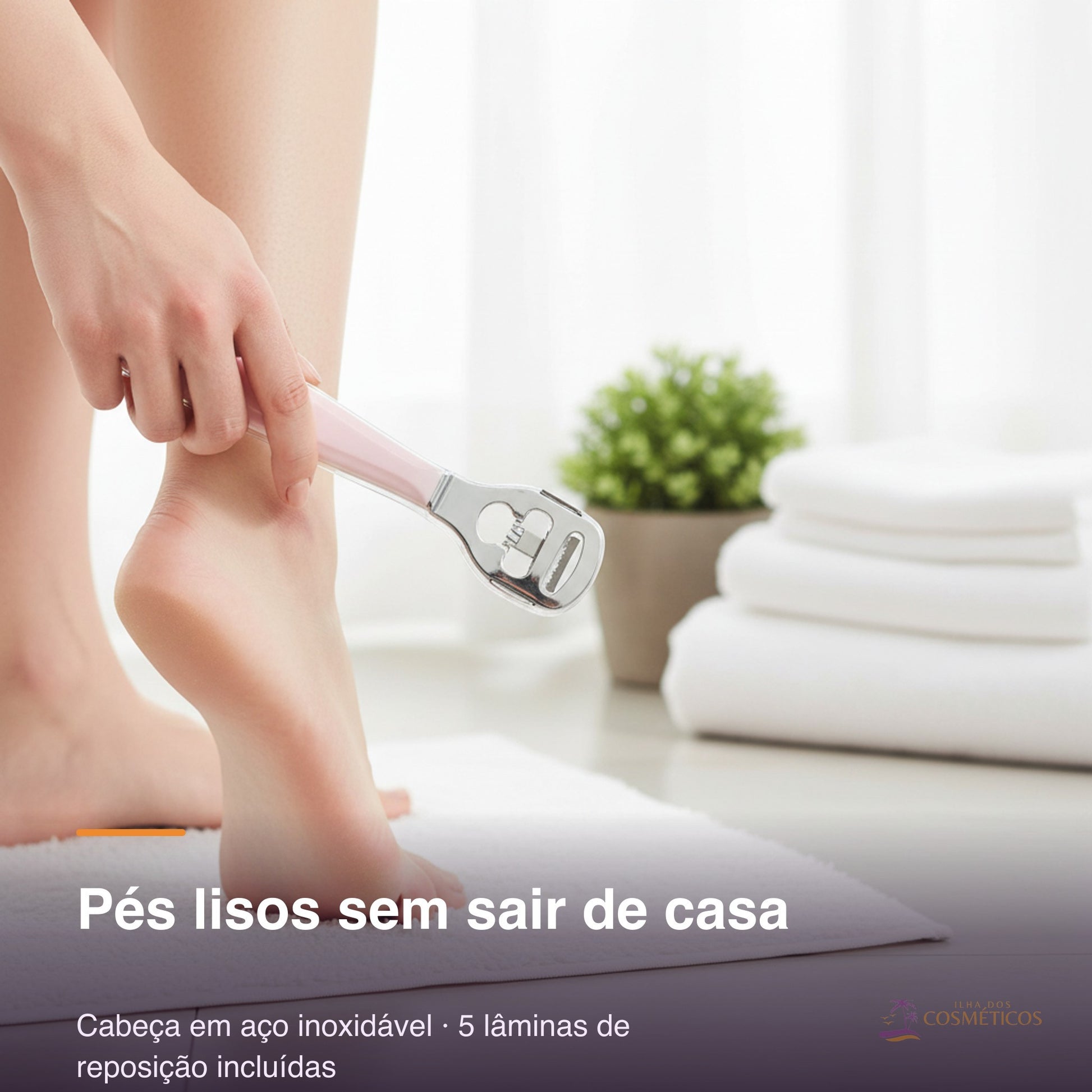 Removedor de calos em uso — pés lisos sem sair de casa