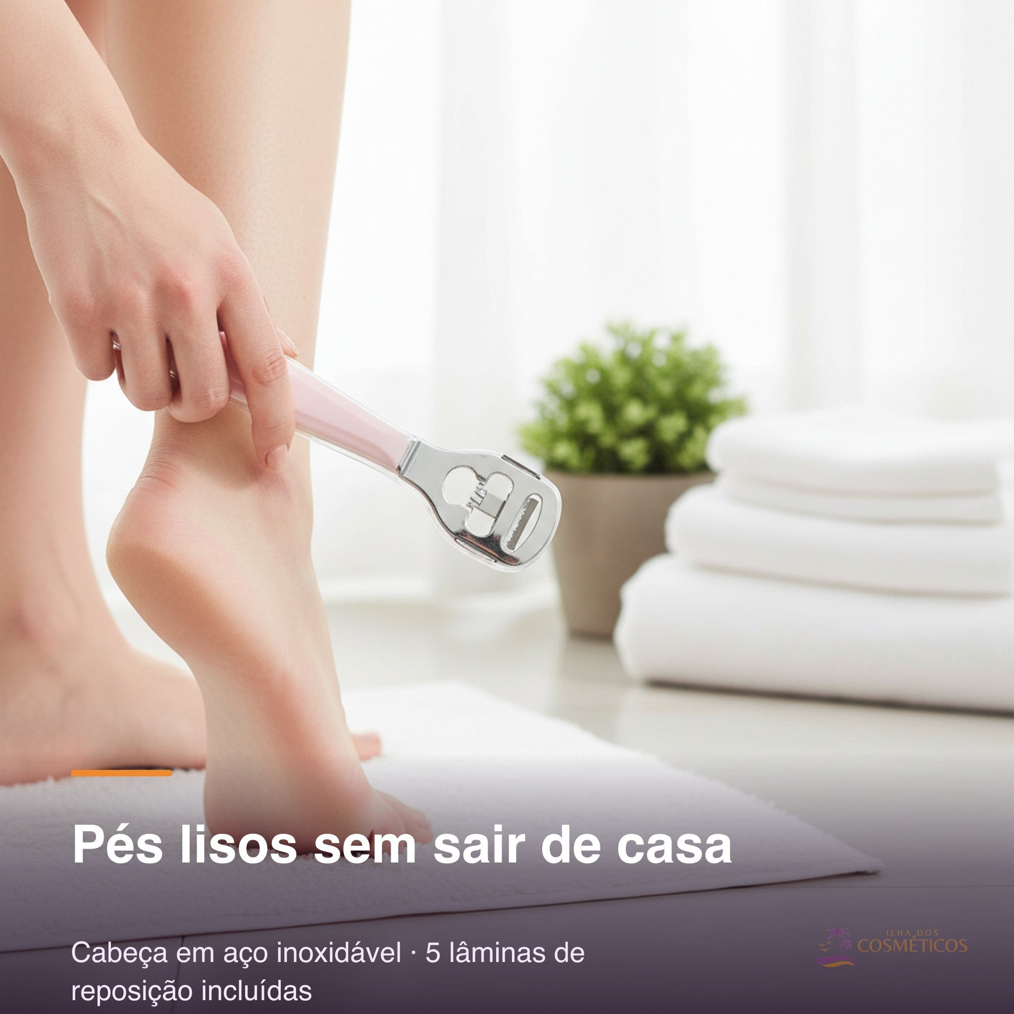 Removedor de calos em uso — pés lisos sem sair de casa