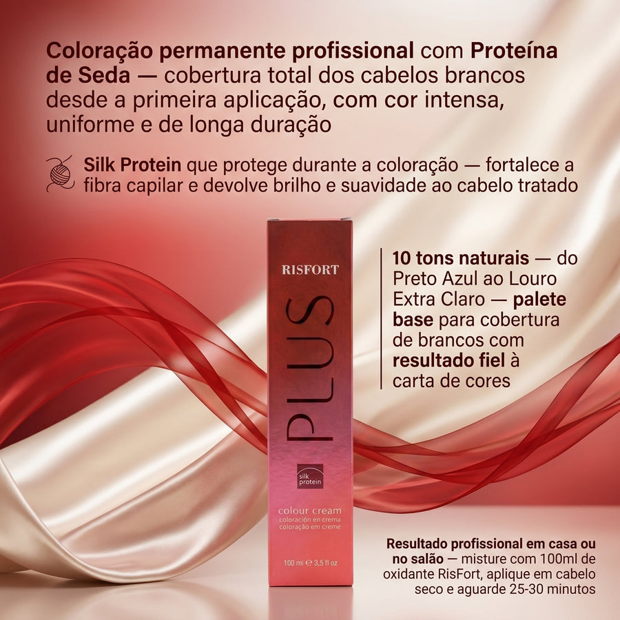 Risfort Plus: coloração permanente profissional com Proteína de Seda, cobertura total dos cabelos brancos