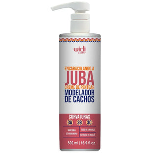 Creme de Pentear Encaracolando a Juba Widi Care Cachos: frasco branco de 500 ml e a faixa vermelha das curvaturas 3A, 3B e 3C
