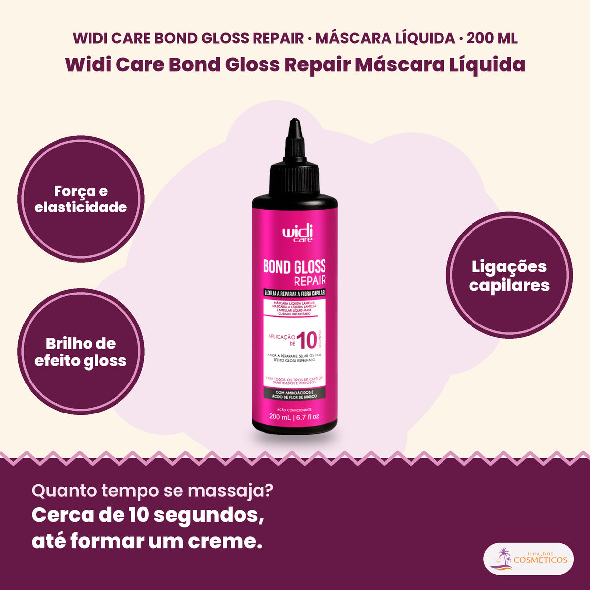 Widi Care Bond Gloss Repair Máscara Líquida: Força e elasticidade, brilho de efeito gloss, ligações capilares