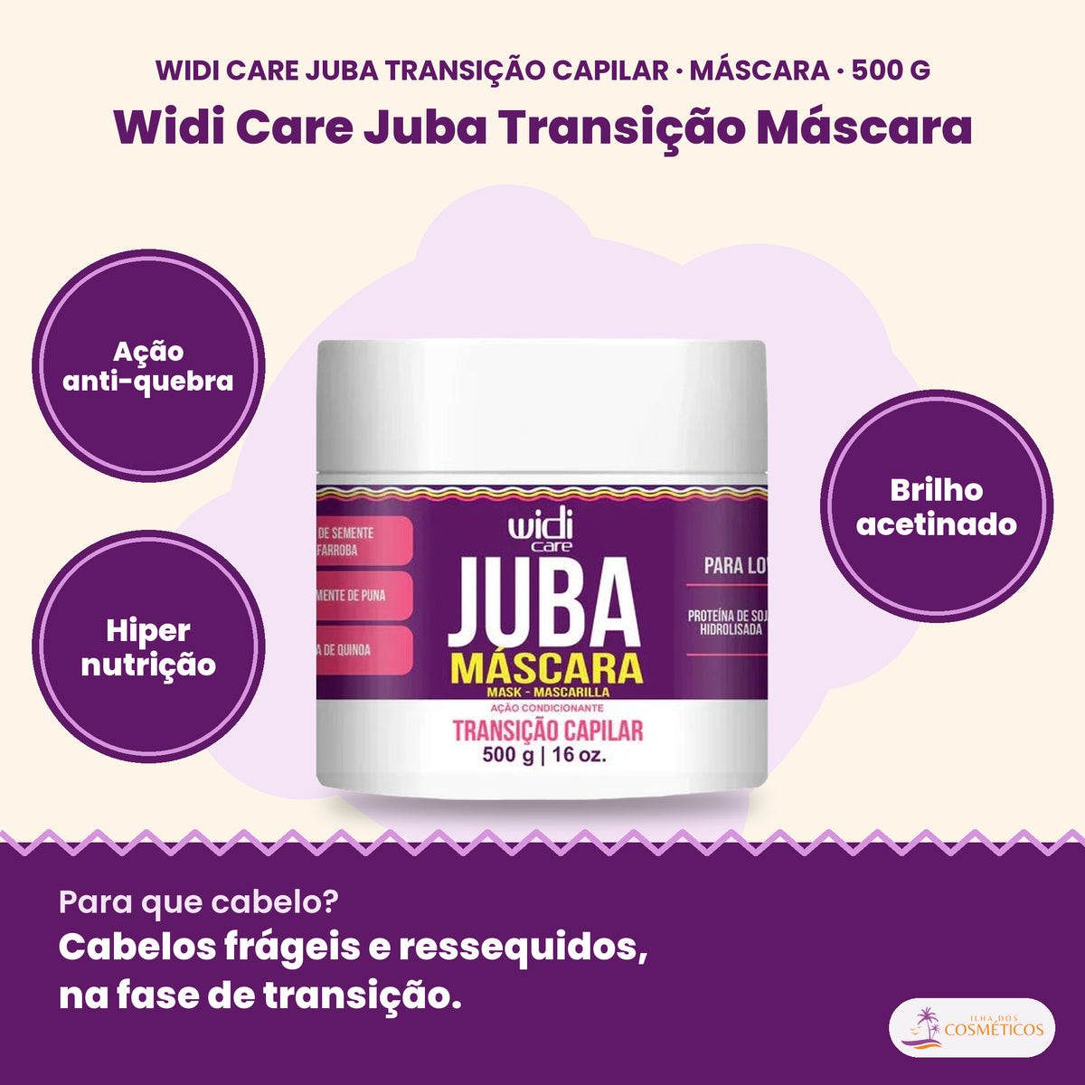 Widi Care Juba Transição Máscara: Ação anti-quebra, hiper nutrição, brilho acetinado